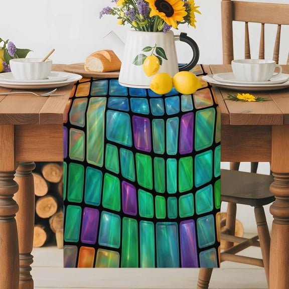Burlap Table Runner 36 Inches Long, Abstract Glass Mosaic Pattern Non-Slip Kitchen Table Runners for Dining Room Everyday Use Party Table Decorations Modern Aesthetic Art