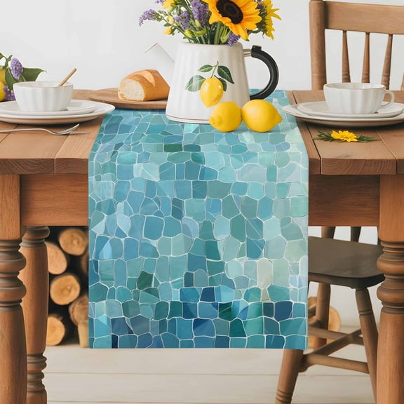Burlap Table Runner 36 Inches Long,Abstract Glass Shard Splicing Non-Slip Kitchen Table Runners for Dining Room Everyday Use Party Table Decorations Cyan Gradient Texture