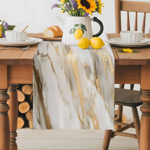 Burlap Table Runner 36 Inches Long,Abstract Marble Texture Pattern Non-Slip Kitchen Table Runners for Dining Room Everyday Use Party Table Decorations Gold White Gradient