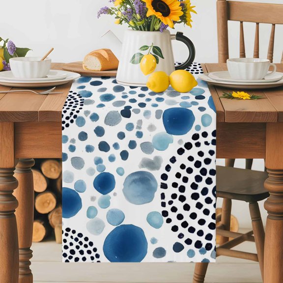 Burlap Table Runner 36 Inches Long, Abstract Navy Blue Circles Non-Slip Kitchen Table Runners for Dining Room Everyday Use Party Table Decorations Geometric round Art