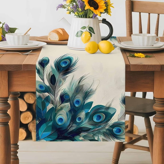 Burlap Table Runner 36 Inches Long,Abstract Peacock Feather on Beige Non-Slip Kitchen Table Runners for Dining Room Everyday Use Party Table Decorations Animal Plume Art