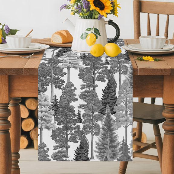 Burlap Table Runner 36 Inches Long, Abstract Pine Tree Plant Forest Non-Slip Kitchen Table Runners for Dining Room Everyday Use Party Table Decorations Gray Botanical on White