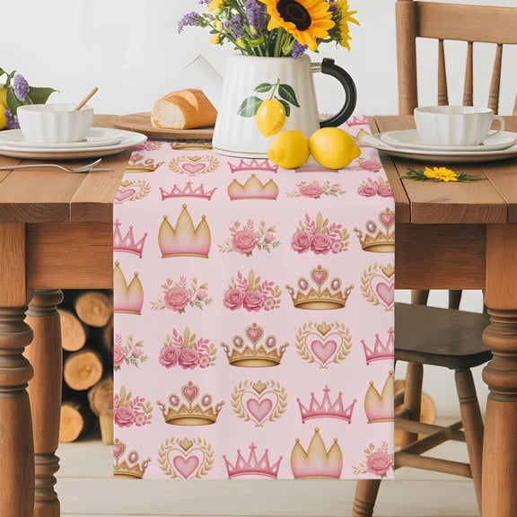 Burlap Table Runner 36 Inches Long, Abstract Pink Flowers Princess Crown Non-Slip Kitchen Table Runners for Dining Room Everyday Use Party Table Decorations Rose Love Heart