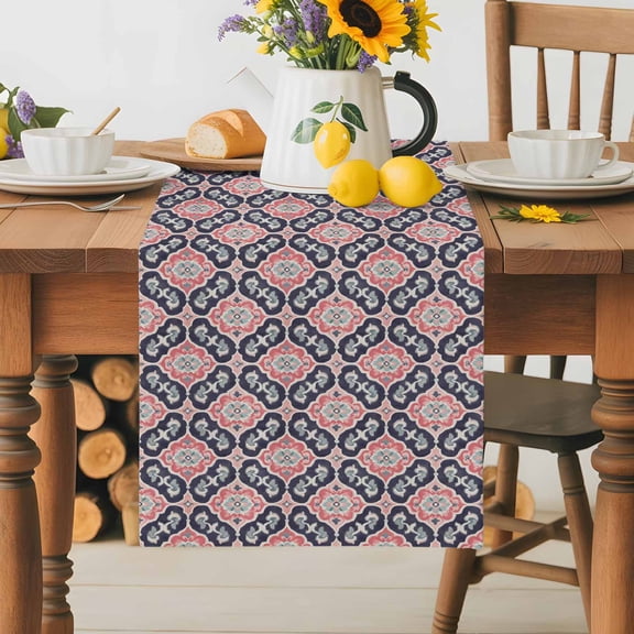 Burlap Table Runner 36 Inches Long,Abstract Southwest Ethnic Floral Pattern Non-Slip Kitchen Table Runners for Dining Room Everyday Use Party Table Decorations Retro Traditional Theme