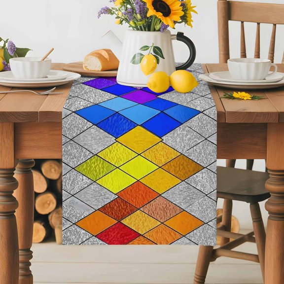 Burlap Table Runner 36 Inches Long, Abstract Splicing Glasses Diamond Non-Slip Kitchen Table Runners for Dining Room Everyday Use Party Table Decorations Geometric Art Color Ombre