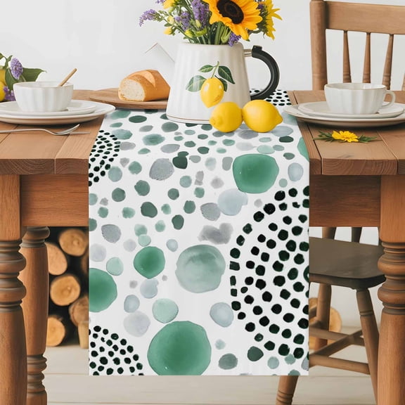 Burlap Table Runner 36 Inches Long, Abstract Teal Circles Non-Slip Kitchen Table Runners for Dining Room Everyday Use Party Table Decorations Sage Green Geometric round