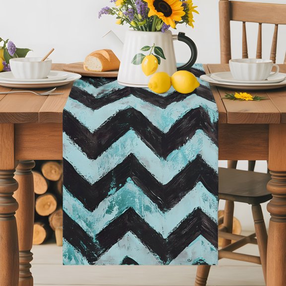 Burlap Table Runner 36 Inches Long, Abstract Teal Zigzag Striped Non-Slip Kitchen Table Runners for Dining Room Everyday Use Party Table Decorations Bohemian Painted Waves