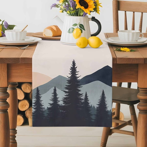 Burlap Table Runner 36 Inches Long,Abstract Tree Mountain Silhouette Non-Slip Kitchen Table Runners for Dining Room Everyday Use Party Table Decorations Modern Forest Peaks Landscape