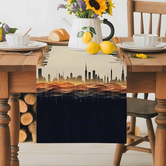 Burlap Table Runner 36 Inches Long,Abstract Urban Building Silhouette Non-Slip Kitchen Table Runners for Dining Room Everyday Use Party Table Decorations Geometric Stripe Wavy Line