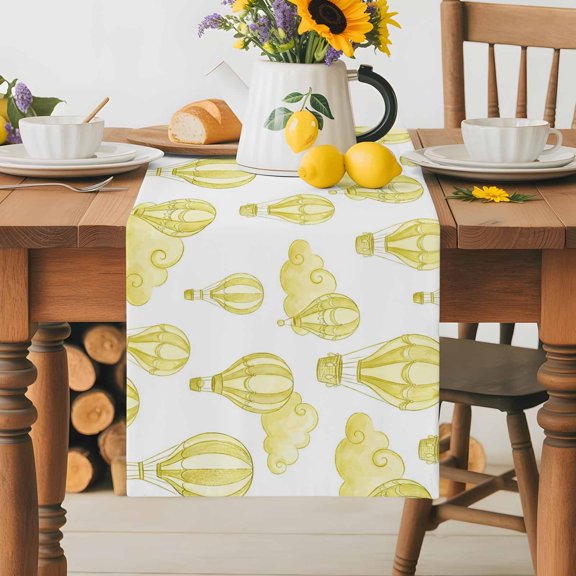 Burlap Table Runner 36 Inches Long,Abstract Yellow Hot Balloons Clouds Non-Slip Kitchen Table Runners for Dining Room Everyday Use Party Table Decorations Cartoon Sky