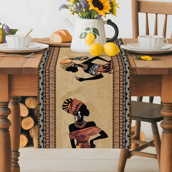 Burlap Table Runner 36 Inches Long,African Black Women Non-Slip Kitchen Table Runners for Dining Room Everyday Use Party Table Decorations Boho Ethnic Geometric Style