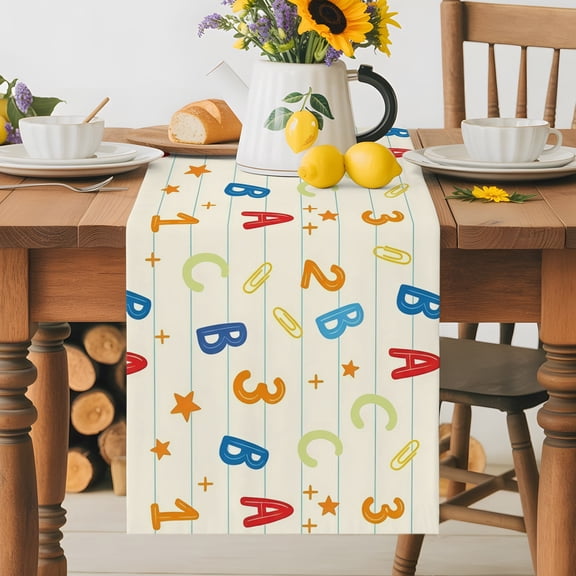 Burlap Table Runner 36 Inches Long, Alphabet Letters Numbers Non-Slip Kitchen Table Runners for Dining Room Everyday Use Party Table Decorations Educational Learning Pattern