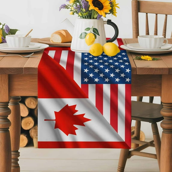 Burlap Table Runner 36 Inches Long,American Canada Flag Non-Slip Kitchen Table Runners for Dining Room Everyday Use Party Table Decorations Stripe Star Leaf Red Blue White Theme