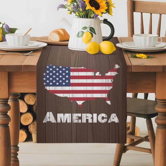 Burlap Table Runner 36 Inches Long,American Independence Day Non-Slip Kitchen Table Runners for Dining Room Everyday Use Party Table Decorations USA Flag Map on Wood Grain