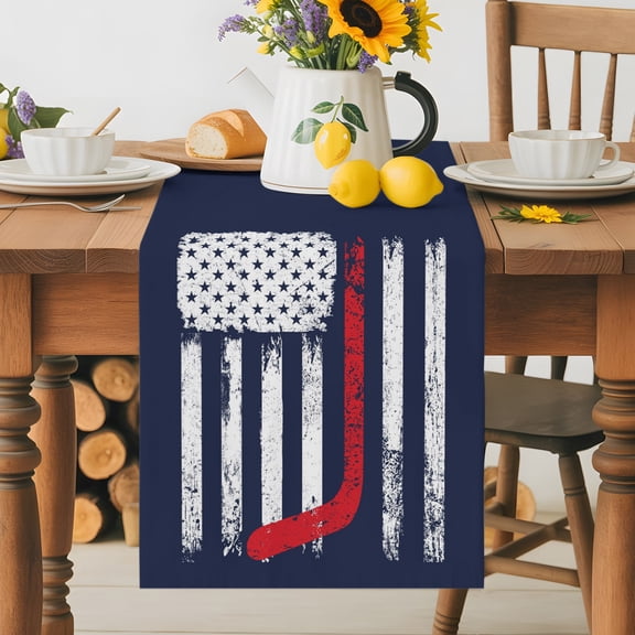 Burlap Table Runner 36 Inches Long, American Stars and Stripes Flag Non-Slip Kitchen Table Runners for Dining Room Everyday Use Party Table Decorations Ice Hocky Sports