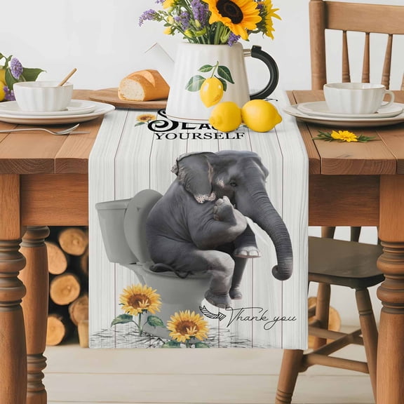 Burlap Table Runner 36 Inches Long,Animal Elephant Sitting on Toilet Non-Slip Kitchen Table Runners for Dining Room Everyday Use Party Table Decorations Watercolor Sunflower Vintage Plank