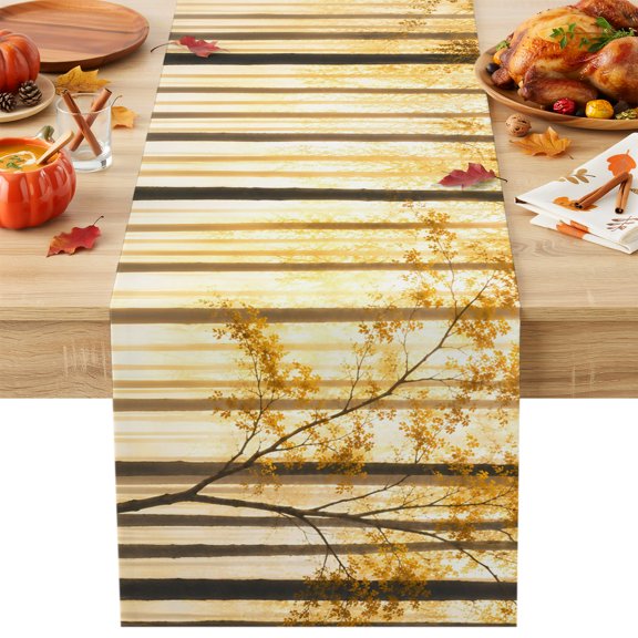 Burlap Table Runner 36 Inches Long, Autumn Forest Tree Golden Non-Slip Kitchen Table Runners for Dining Room Everyday Use Party Table Decorations Country Natural Scenery