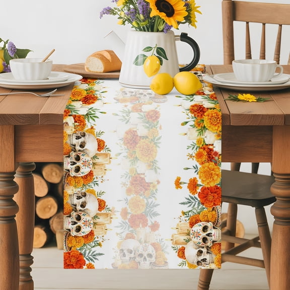 Burlap Table Runner 36 Inches Long, Autumn Marigold Flower Skull Non-Slip Kitchen Table Runners for Dining Room Everyday Use Party Table Decorations Watercolor Floral Leaf Candles