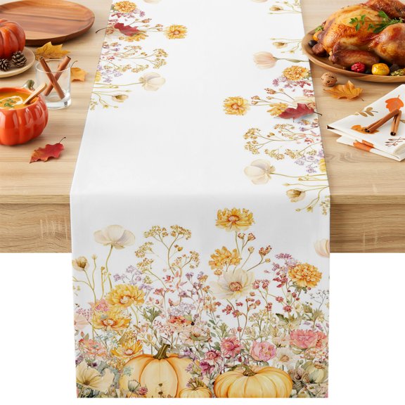 Burlap Table Runner 36 Inches Long, Autumn Pumpkin Floral Field Non-Slip Kitchen Table Runners for Dining Room Everyday Use Party Table Decorations Retro Wildflowers