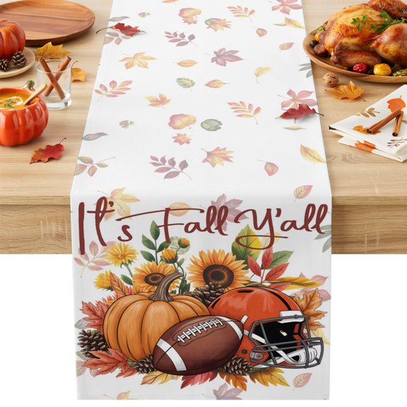 Burlap Table Runner 36 Inches Long, Autumn Sunflower Pumpkin Rugby Helmet Non-Slip Kitchen Table Runners for Dining Room Everyday Use Party Table Decorations Fall Leaves
