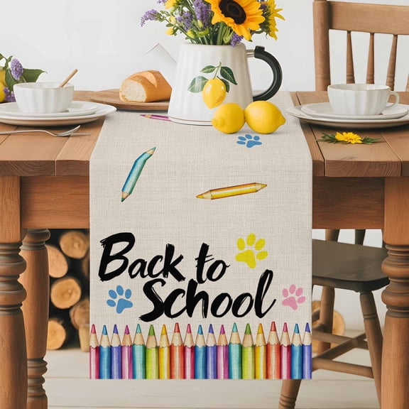 Burlap Table Runner 36 Inches Long, Back to School Paw Print Non-Slip Kitchen Table Runners for Dining Room Everyday Use Party Table Decorations Retro Pencil on Linen