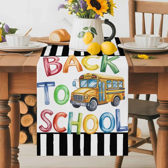 Burlap Table Runner 36 Inches Long, Back To Watercolor School Bus Non-Slip Kitchen Table Runners for Dining Room Everyday Use Party Table Decorations Black Stripe White