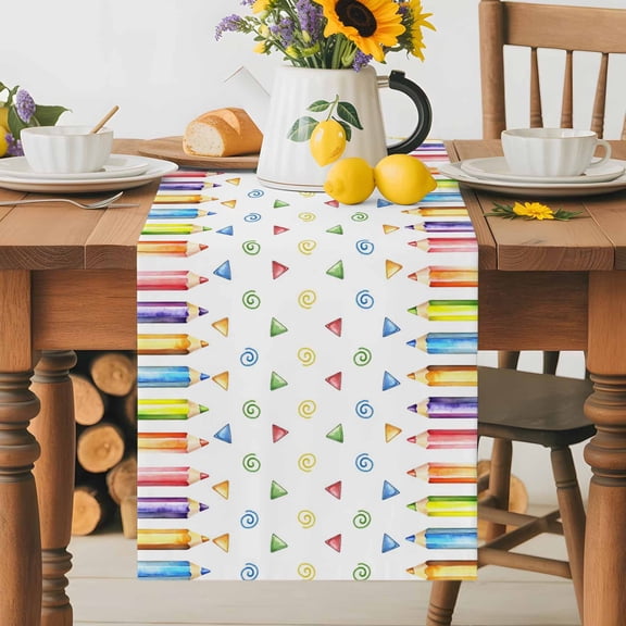 Burlap Table Runner 36 Inches Long, Back-to-school Season Pencil Non-Slip Kitchen Table Runners for Dining Room Everyday Use Party Table Decorations Childlike Colored Pencils