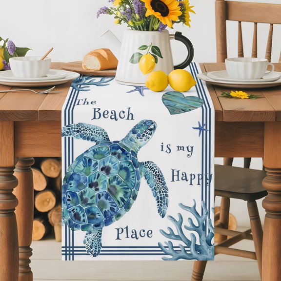 Burlap Table Runner 36 Inches Long, The Beach Is My Happy Place Words Non-Slip Kitchen Table Runners for Dining Room Everyday Use Party Table Decorations Summer Sea Turtle