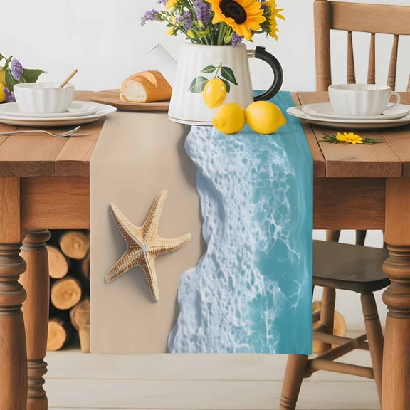 Burlap Table Runner 36 Inches Long, Beach Starfish Teal Sea Water Non-Slip Kitchen Table Runners for Dining Room Everyday Use Party Table Decorations Summer Ocean Theme