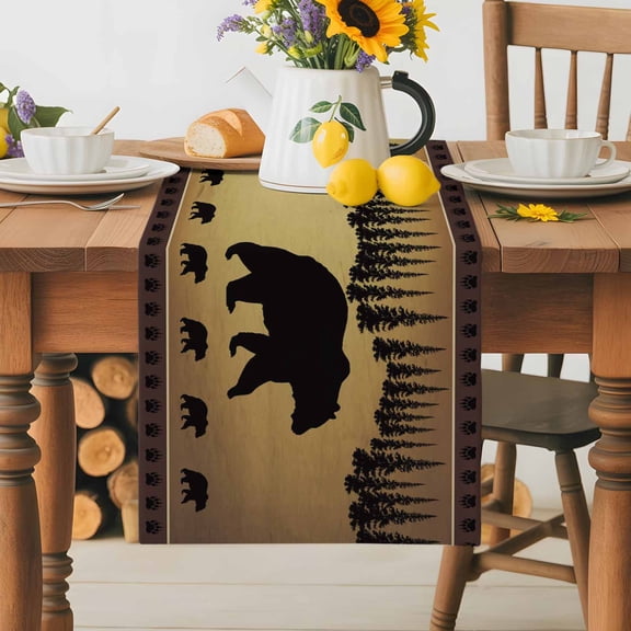 Burlap Table Runner 36 Inches Long,Bear Animal Silhouette Jungle Forest Non-Slip Kitchen Table Runners for Dining Room Everyday Use Party Table Decorations Retro Brown Gradient