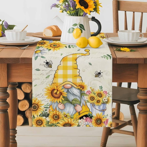 Burlap Table Runner 36 Inches Long,Bee Gnome Summer Sunflower Watercolor Yellow Floral Non-Slip Kitchen Table Runners for Dining Room Everyday Use Party Table Decorations Retro Linen