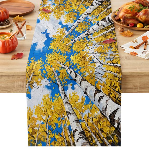 Burlap Table Runner 36 Inches Long, Birch Tree Forest Realistic Non-Slip Kitchen Table Runners for Dining Room Everyday Use Party Table Decorations Abstract Woodland Yellow Leaves