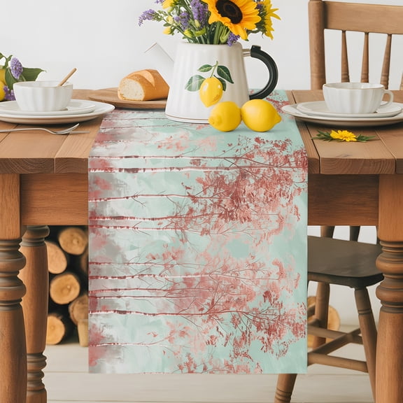 Burlap Table Runner 36 Inches Long, Birch Tree Forest Red Teal Gradient Non-Slip Kitchen Table Runners for Dining Room Everyday Use Party Table Decorations Retro Oil Painting Art