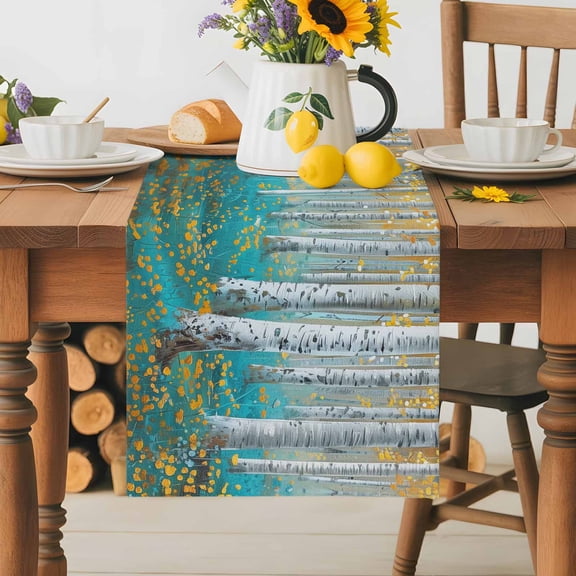 Burlap Table Runner 36 Inches Long,Birch Tree Forest Retro Oil Painting Art Non-Slip Kitchen Table Runners for Dining Room Everyday Use Party Table Decorations Yellow Flowers Teal