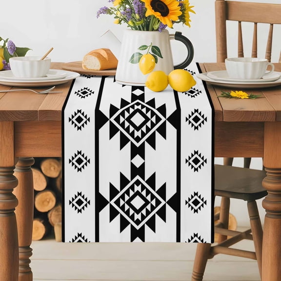 Burlap Table Runner 36 Inches Long, Black Aztec Ethnic Style Non-Slip Kitchen Table Runners for Dining Room Everyday Use Party Table Decorations Tribal Abstract Art