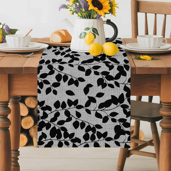 Burlap Table Runner 36 Inches Long, Black Branch Leaves Silhouette Non-Slip Kitchen Table Runners for Dining Room Everyday Use Party Table Decorations Abstract Nature Plant
