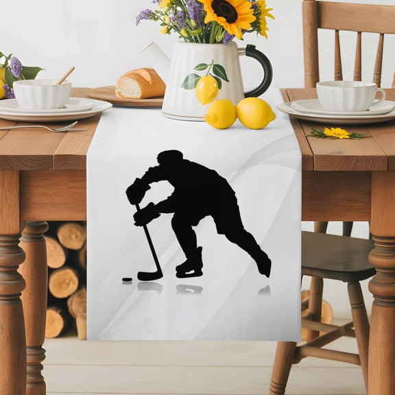 Burlap Table Runner 36 Inches Long,Black Hockey Player Silhouette Non-Slip Kitchen Table Runners for Dining Room Everyday Use Party Table Decorations Ice Sports Athlete Game