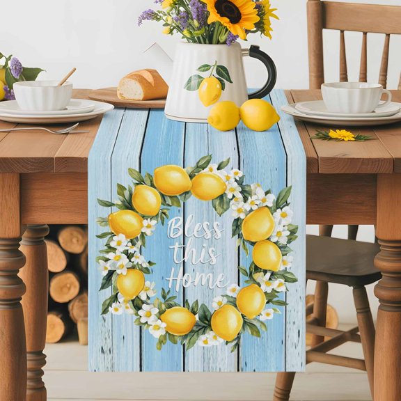 Burlap Table Runner 36 Inches Long, Bless Home Words Wreath Non-Slip Kitchen Table Runners for Dining Room Everyday Use Party Table Decorations Summer Lemon Flower on Blue Wood