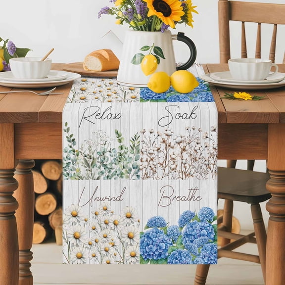 Burlap Table Runner 36 Inches Long, Blossom Floral Cotton Eucalyptus Non-Slip Kitchen Table Runners for Dining Room Everyday Use Party Table Decorations Vintage Farmhouse Board