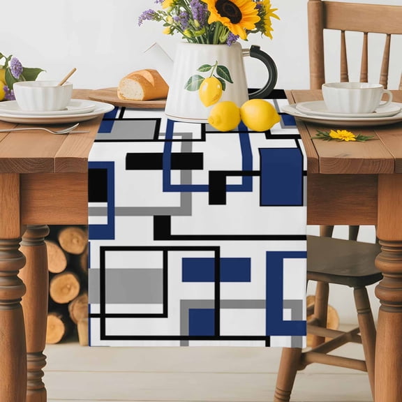 Burlap Table Runner 36 Inches Long,Blue Black Grey Geometric Rectangle Non-Slip Kitchen Table Runners for Dining Room Everyday Use Party Table Decorations Mid Century Nordic Color Art