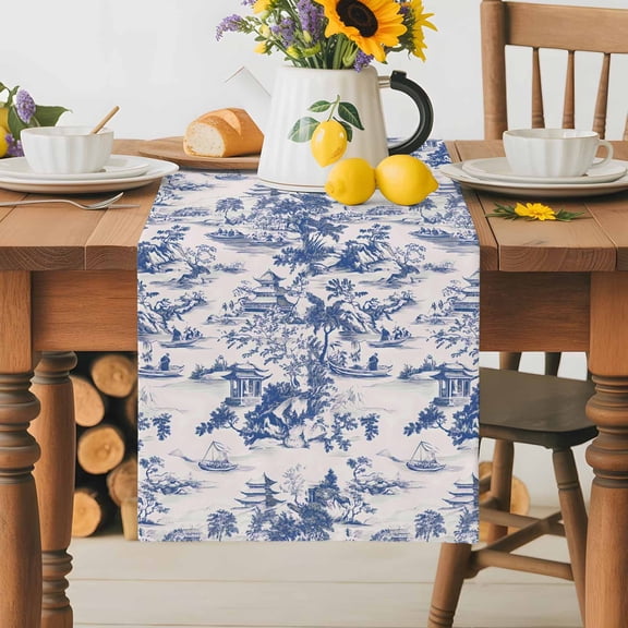 Burlap Table Runner 36 Inches Long, Blue Chinoiserie Garden Pavilion Non-Slip Kitchen Table Runners for Dining Room Everyday Use Party Table Decorations Asian Scenic Hill Boat Plant