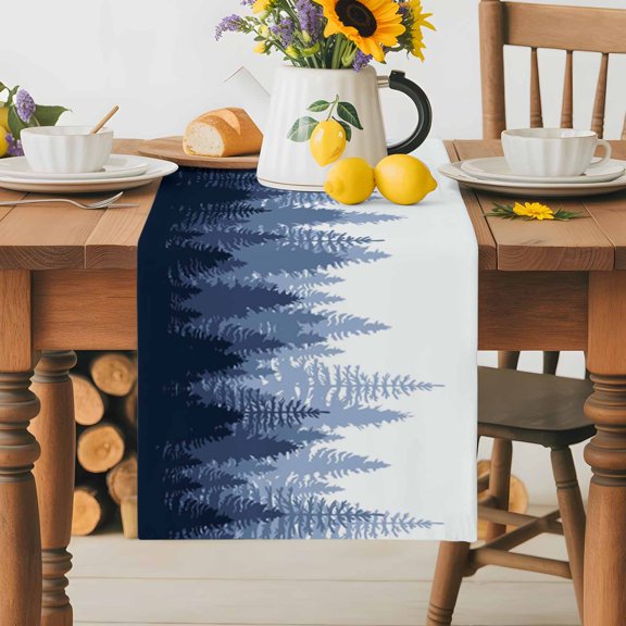 Burlap Table Runner 36 Inches Long,Blue Gradient Forest Non-Slip Kitchen Table Runners for Dining Room Everyday Use Party Table Decorations Pine Tree Shadow on White