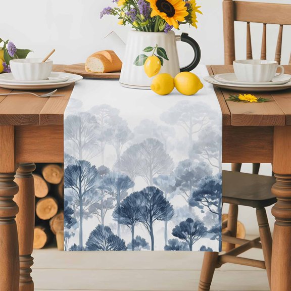Burlap Table Runner 36 Inches Long,Blue Gradient Forest Tree Non-Slip Kitchen Table Runners for Dining Room Everyday Use Party Table Decorations Watercolor Botanical Scenic