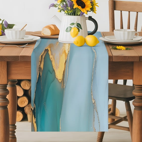 Burlap Table Runner 36 Inches Long, Blue Green Gold Marble Texture ...