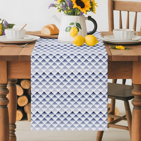 Burlap Table Runner 36 Inches Long, Blue Lattice Gradient Abstract Stripe Non-Slip Kitchen Table Runners for Dining Room Everyday Use Party Table Decorations Overlay Color Block