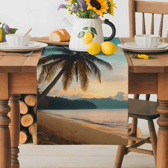 Burlap Table Runner 36 Inches Long,Blue Ocean Summer Coconut Tree Non-Slip Kitchen Table Runners for Dining Room Everyday Use Party Table Decorations Tropical Plant