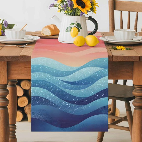 Burlap Table Runner 36 Inches Long, Blue Peach Layered Ocean Waves Non-Slip Kitchen Table Runners for Dining Room Everyday Use Party Table Decorations Gradient Striped