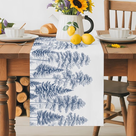 Burlap Table Runner 36 Inches Long, Blue Pine Tree Forest on White Non-Slip Kitchen Table Runners for Dining Room Everyday Use Party Table Decorations Country Trees Sketch Art