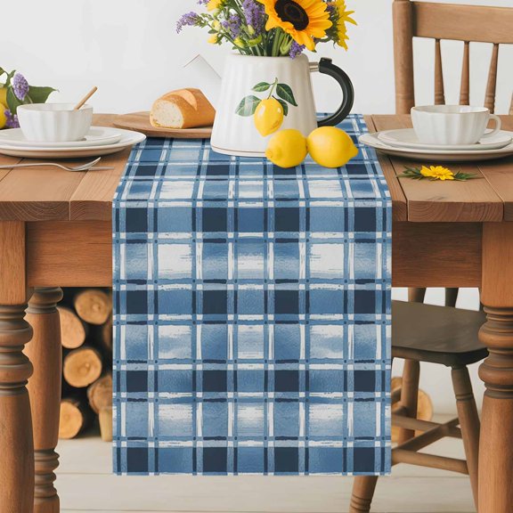 Burlap Table Runner 36 Inches Long, Blue Plaid Gradient Tartan Stripe Non-Slip Kitchen Table Runners for Dining Room Everyday Use Party Table Decorations Watercolor Mottled Abstract Art