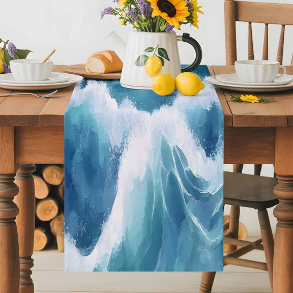 Burlap Table Runner 36 Inches Long, Blue Waves Summer Beach Non-Slip Kitchen Table Runners for Dining Room Everyday Use Party Table Decorations Blue Gradient Ocean Spray